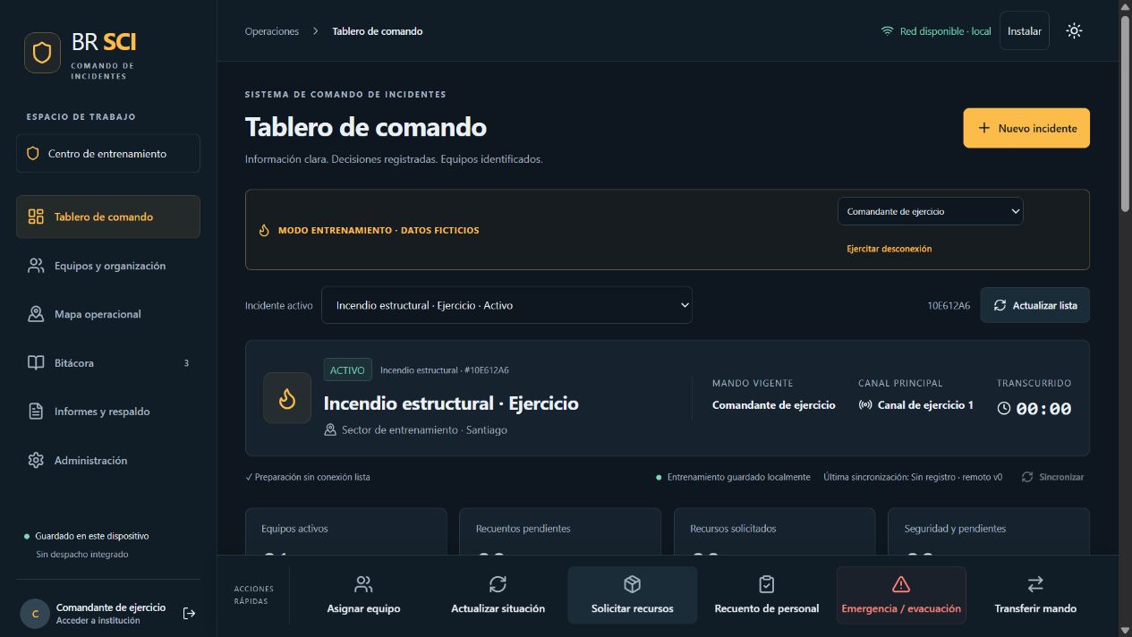 Tablero de comando de BR SCI con un ejercicio de entrenamiento y datos ficticios