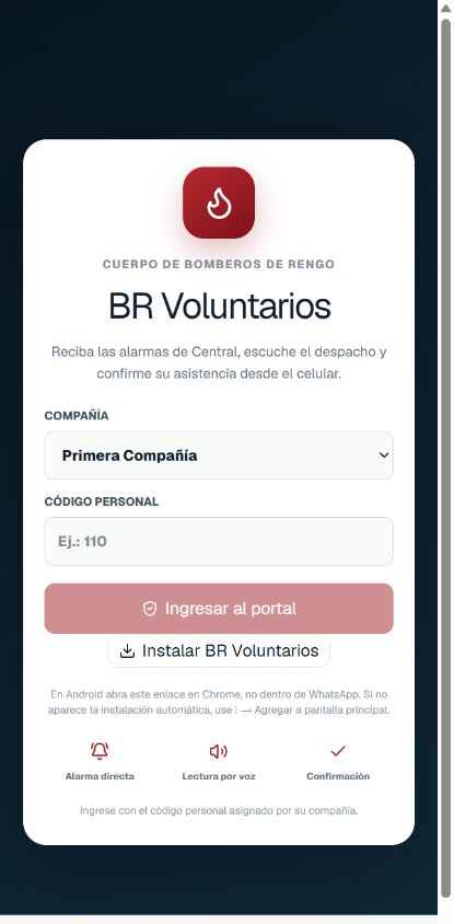 Pantalla de acceso móvil de BR Voluntarios con selección de compañía